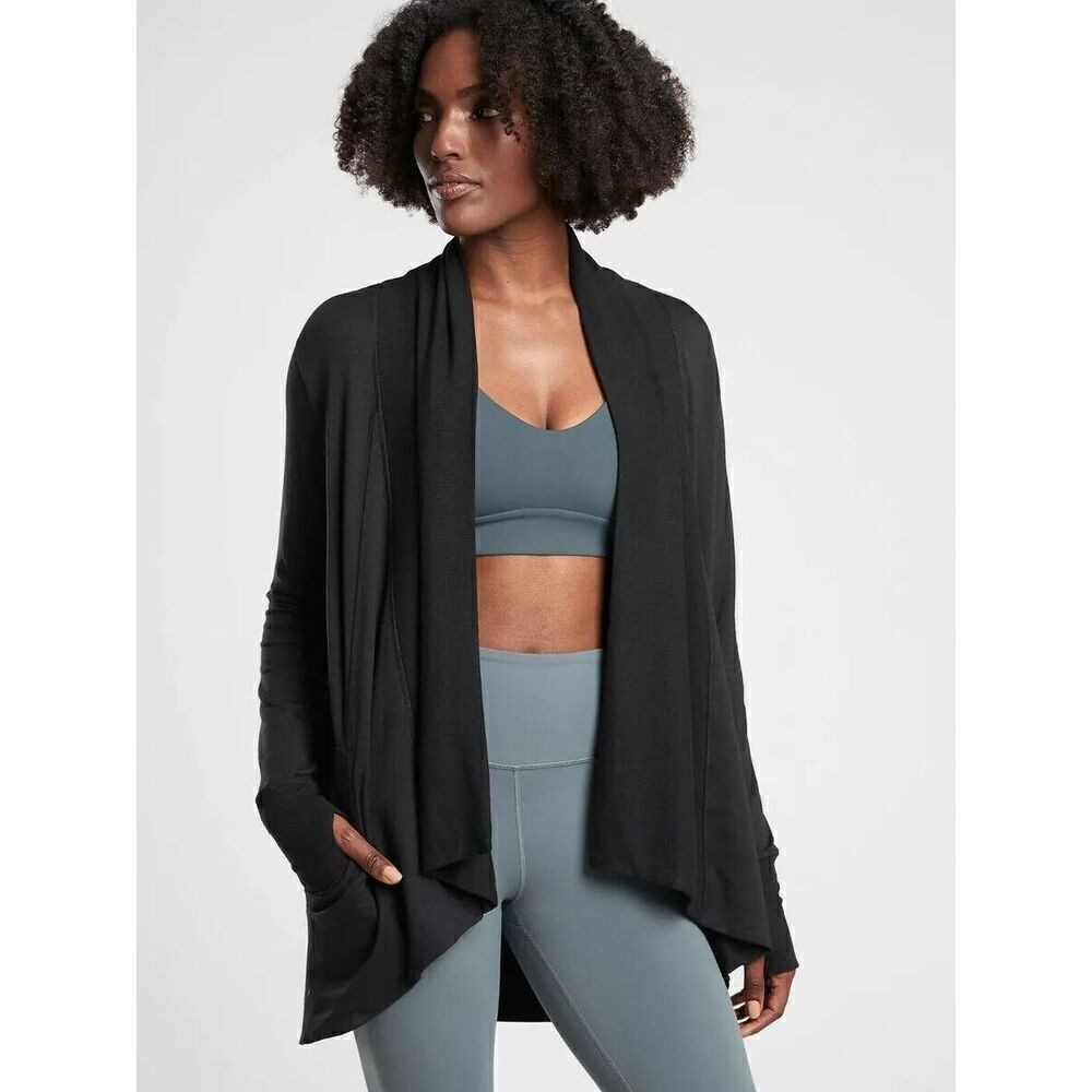 Athleta Cardigan Pranayama Open Wrap Black Thumb Holes Pockets Soft Women's XS